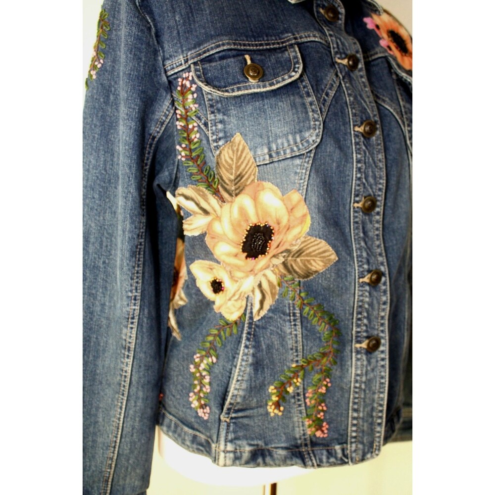 Upcycled OOAK LIVE A LITTLE Denim Jacket Embroidered Beaded Floral Applique XL * - Picture 5 of 13